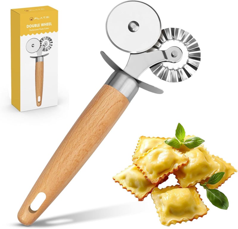 FLATRI Pasta Cutter Wheel - Fluted Pastry Cutter Double Wheel Ravioli Cutter Tool with Wooden Handle for Pasta Pizza Ravioli Cookie - Image 1