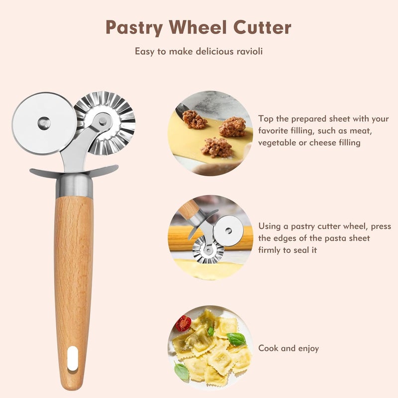 FLATRI Pasta Cutter Wheel - Fluted Pastry Cutter Double Wheel Ravioli Cutter Tool with Wooden Handle for Pasta Pizza Ravioli Cookie - Image 4