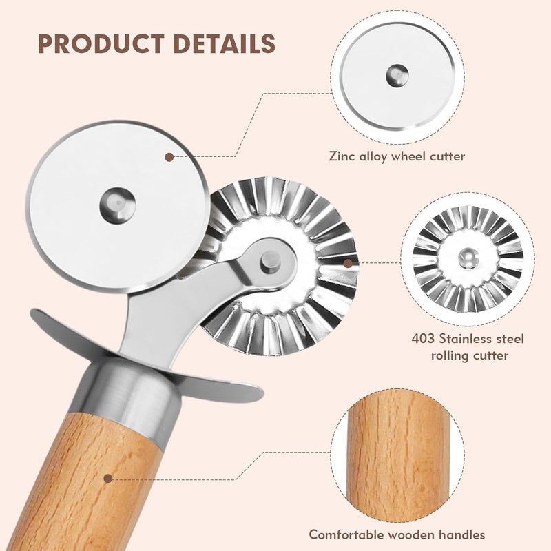 FLATRI Pasta Cutter Wheel - Fluted Pastry Cutter Double Wheel Ravioli Cutter Tool with Wooden Handle for Pasta Pizza Ravioli Cookie - Image 3