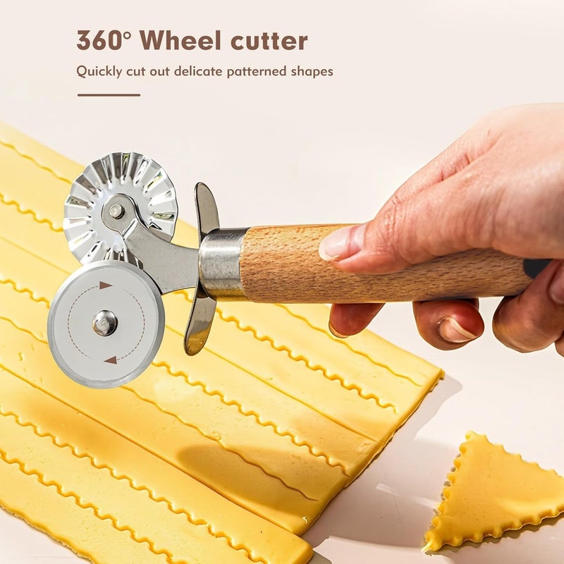 FLATRI Pasta Cutter Wheel - Fluted Pastry Cutter Double Wheel Ravioli Cutter Tool with Wooden Handle for Pasta Pizza Ravioli Cookie - Image 5