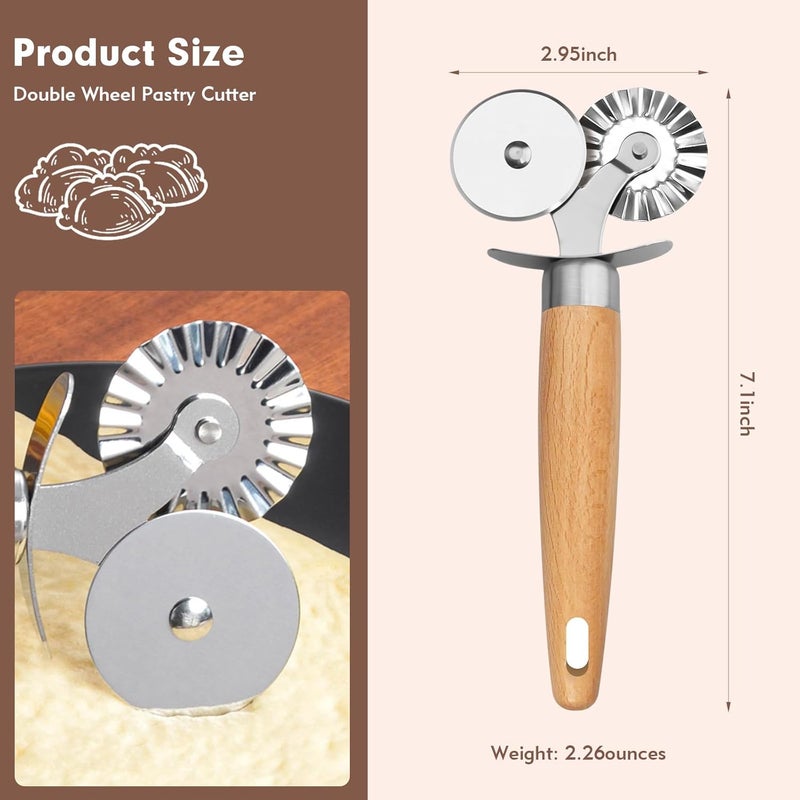 FLATRI Pasta Cutter Wheel - Fluted Pastry Cutter Double Wheel Ravioli Cutter Tool with Wooden Handle for Pasta Pizza Ravioli Cookie - Image 2