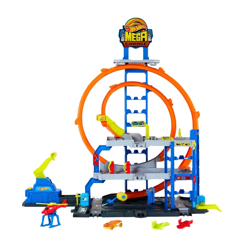 Mattel Games Mattel - Hot Wheels City Mega Loop Garage Playset with 1/64 Car & Helicopter - JBM74 - Image 1
