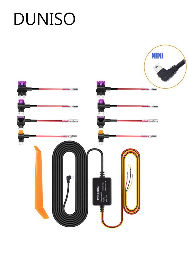 DUNISO مجموعة Hardwire لـ Dashcam 11ft Mini USB يحول 12V-24V إلى 5V / 2.5A 24 ساعة وضع وقوف السيارات مجموعة كابل شاحن كاميرا لوحة القيادة مع حماية الجهد المنخفض 8 حاملات الصمامات كابل الصنبور - Image 1