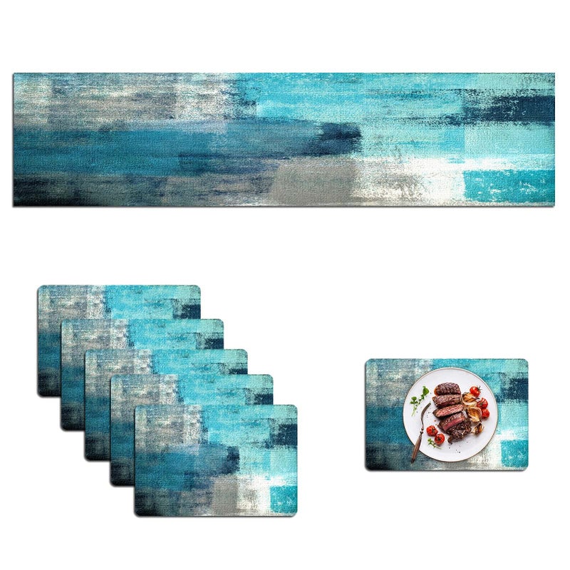 Mcalk Farmhouse Turquoise Table Runner and Placemats Set of 6 PiecesTeal Turquoise Placemats Modern ArtBlue Grey Abstract Art Cloth Place Mats for KitchenLinen Material for Dining Table