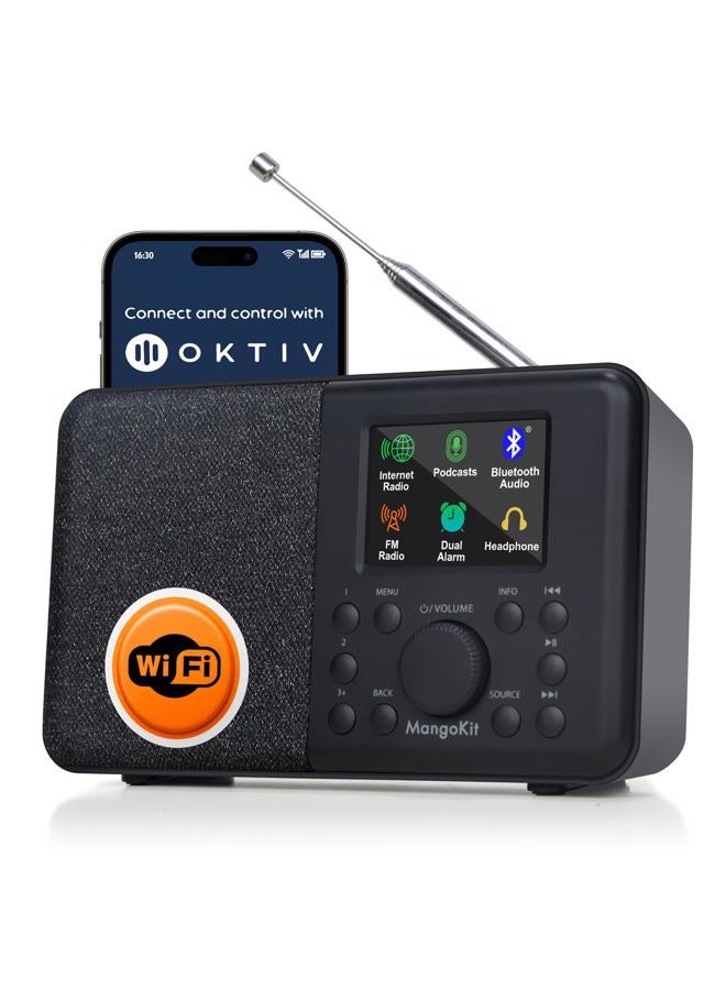 SR10 WiFi Internet Radio, Podcast Player, Bluetooth Speaker, Portable FM Radio, Color Display,Dual Alarms, Presets,Application Control Support-Black