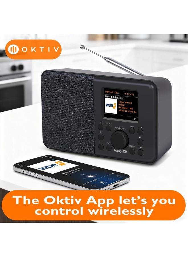 MangoKit راديو إنترنت واي فاي SR10، مشغل بودكاست، مكبر صوت بلوتوث، راديو FM محمول، شاشة ملونة، إنذارات مزدوجة، إعدادات مسبقة، دعم التحكم عبر التطبيق - أسود - Image 4