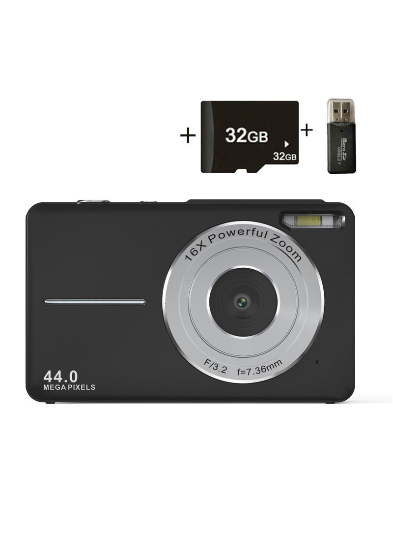 Generic Himacom Autofocus Digital Camera for Kids FHD 1080P 44MP  Rechargeable Compact Mini Portable Pocket 16X Digital Zoom Camera with 32GB Memory Card  Support For Taking Photos Recording Videos for Thanksgiving New Year Gifts DC403 (Black) - Image 1