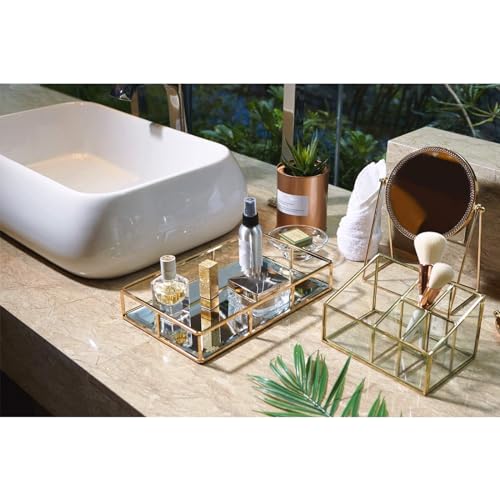 PuTwo Tray Mirror, Gold Dresser Ornate Tray Metal Decorative Tray Jewelry Perfume Organizer Makeup Tray for Vanity, Dresser, Bathroom, Bedroom - Image 3