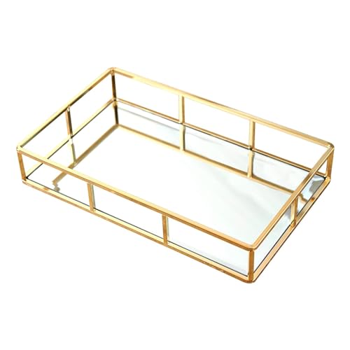 PuTwo Tray Mirror, Gold Dresser Ornate Tray Metal Decorative Tray Jewelry Perfume Organizer Makeup Tray for Vanity, Dresser, Bathroom, Bedroom - Image 1