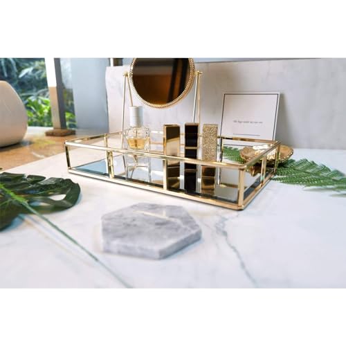PuTwo Tray Mirror, Gold Dresser Ornate Tray Metal Decorative Tray Jewelry Perfume Organizer Makeup Tray for Vanity, Dresser, Bathroom, Bedroom - Image 4