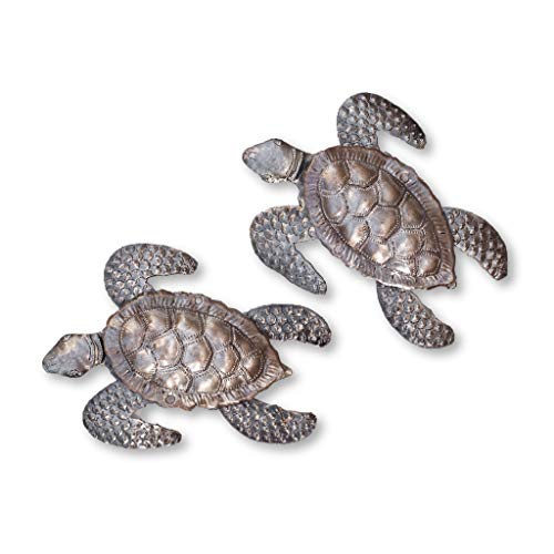 It's Cactus Sea Turtles, Beach Metal Art, Set of 2, Nautical Wall Hanging Figurines Home Decoration, Under the Sea Marine Life Animals, Handmade in Haiti 6 x 7.75 Inches Haitian Metal Plaques - Image 1