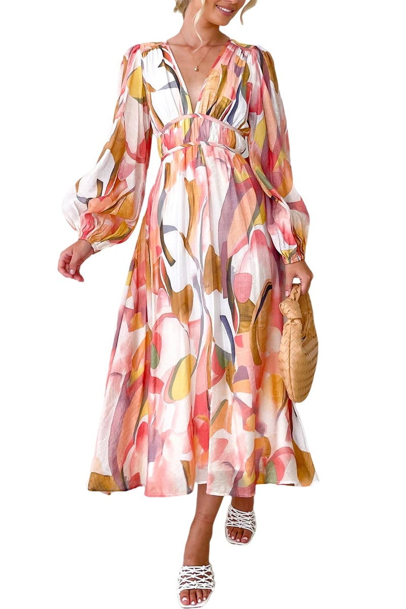 Maxigerui Women's Long Sleeve Floral Maxi Dress 2026 Spring Summer Wedding Guest Dress Pink Watercolor S - Image 1