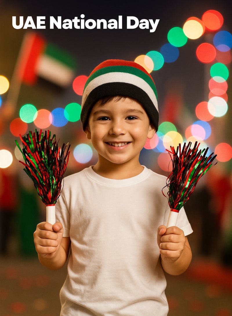 UAE National Day Cheer Pom Pom Set (2 Pcs) – Red, Green, Black & White Flag Colors | Handheld Party Decoration Tassels for UAE National Day, School Events & Parades - Image 5