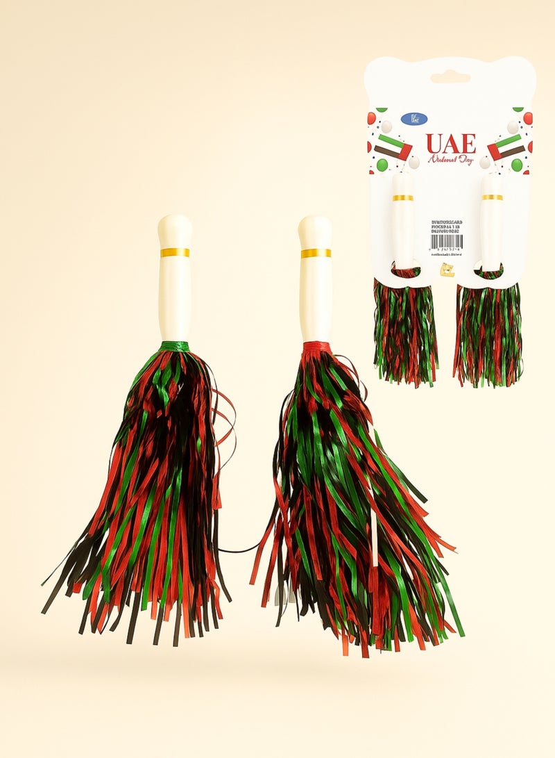 UAE National Day Cheer Pom Pom Set (2 Pcs) – Red, Green, Black & White Flag Colors | Handheld Party Decoration Tassels for UAE National Day, School Events & Parades - Image 1