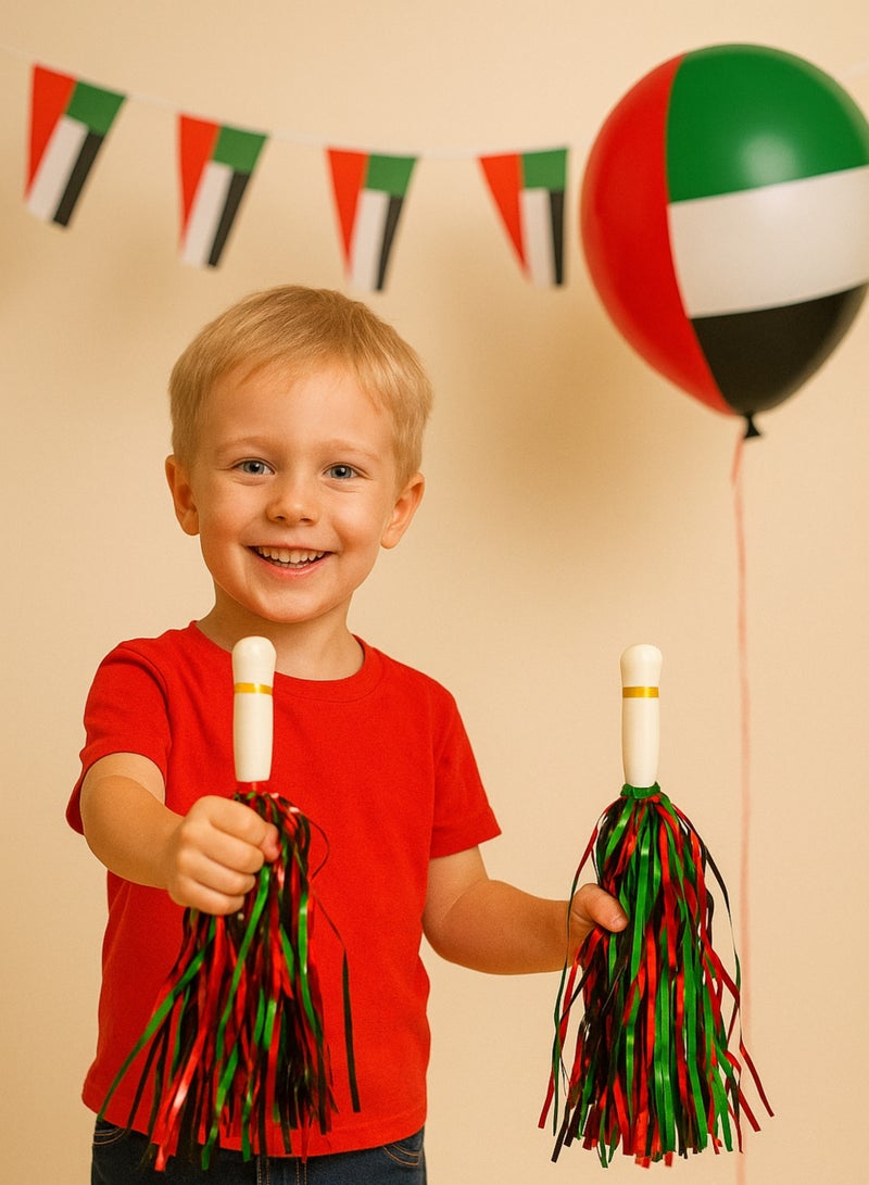UAE National Day Cheer Pom Pom Set (2 Pcs) – Red, Green, Black & White Flag Colors | Handheld Party Decoration Tassels for UAE National Day, School Events & Parades - Image 3