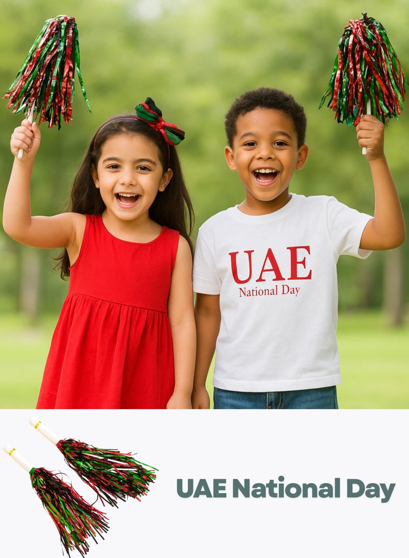 UAE National Day Cheer Pom Pom Set (2 Pcs) – Red, Green, Black & White Flag Colors | Handheld Party Decoration Tassels for UAE National Day, School Events & Parades - Image 4