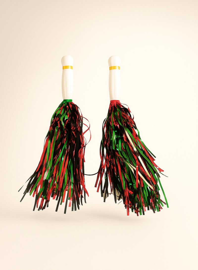 UAE National Day Cheer Pom Pom Set (2 Pcs) – Red, Green, Black & White Flag Colors | Handheld Party Decoration Tassels for UAE National Day, School Events & Parades - Image 2