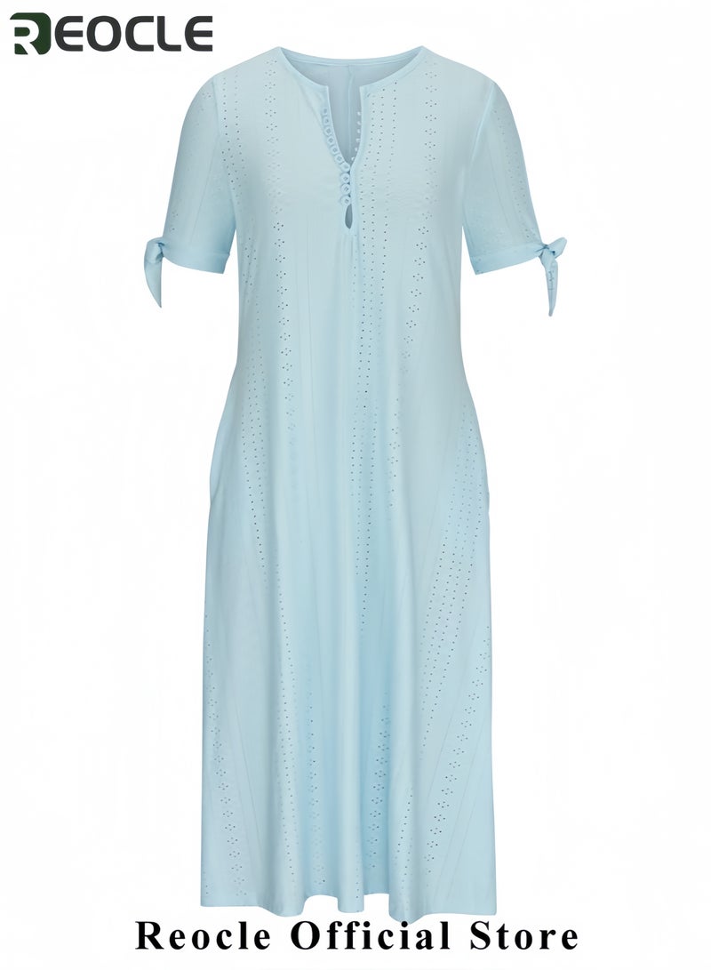 REOCLE Long Dresses for Women Trendy Short Sleeve Eyelet Tshirt Dress Casual Summer Beach Vacation Sundress - Image 4