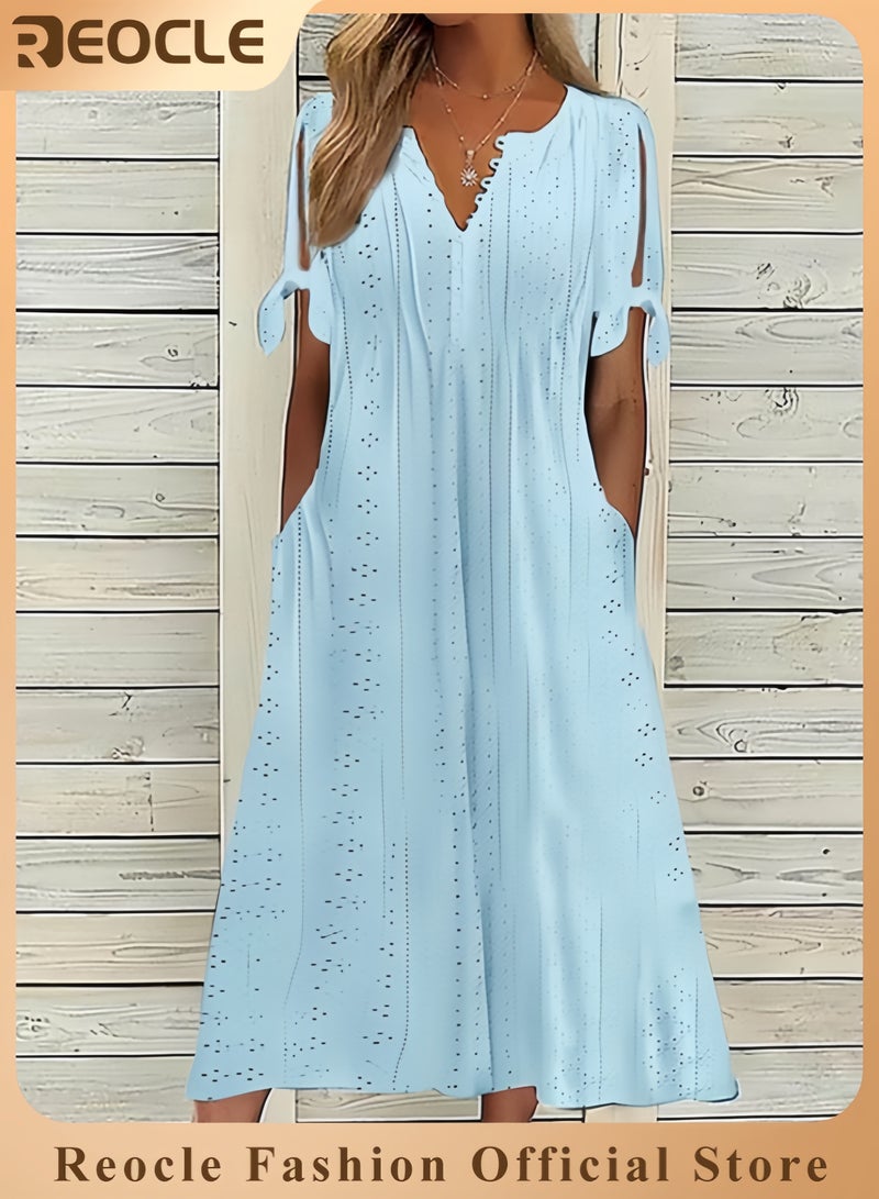 REOCLE Long Dresses for Women Trendy Short Sleeve Eyelet Tshirt Dress Casual Summer Beach Vacation Sundress - Image 1