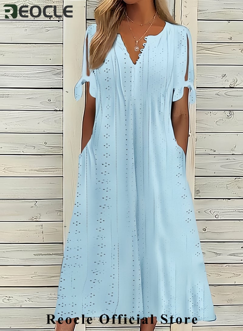 REOCLE Long Dresses for Women Trendy Short Sleeve Eyelet Tshirt Dress Casual Summer Beach Vacation Sundress - Image 2