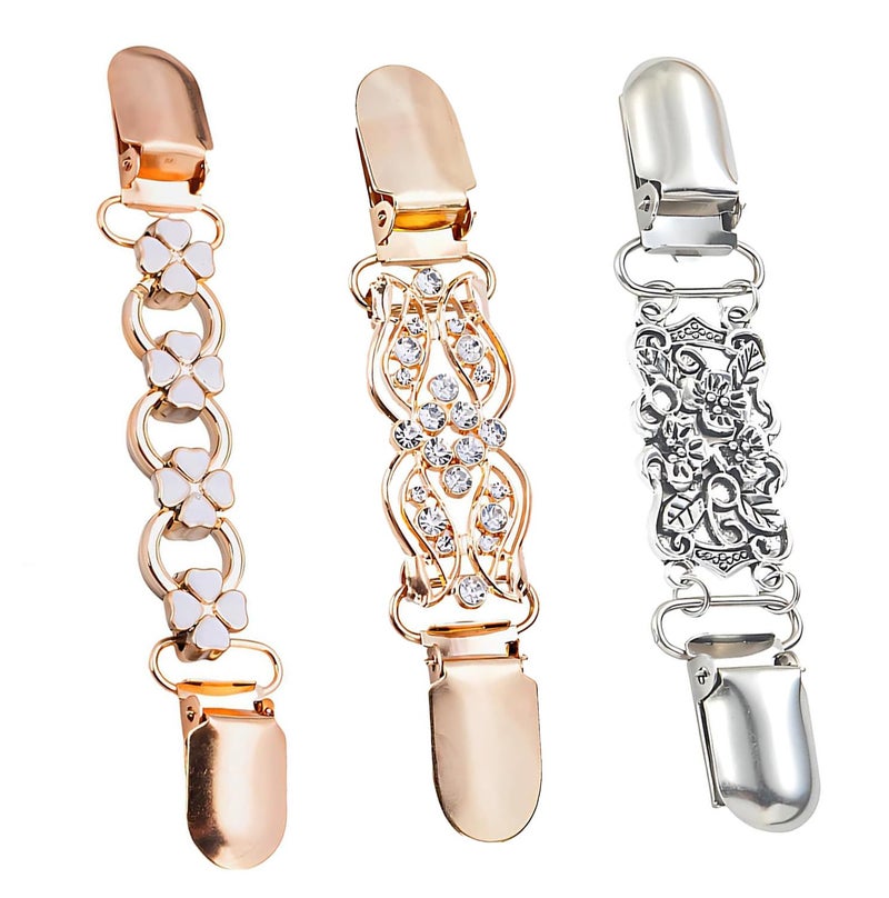 SQUISHCO 3 Pcs Cinch Clip for Shirt, Shirt Tightening Clips, Vintage Style with Silver Flower, Gold Diamond and Four Clover Design, for Layered Clothing and Formal Events - Image 1