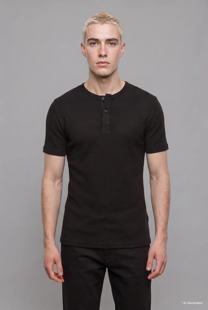 Slim Fit Basic Waffle Henley Neck Short Sleeve T-Shirt