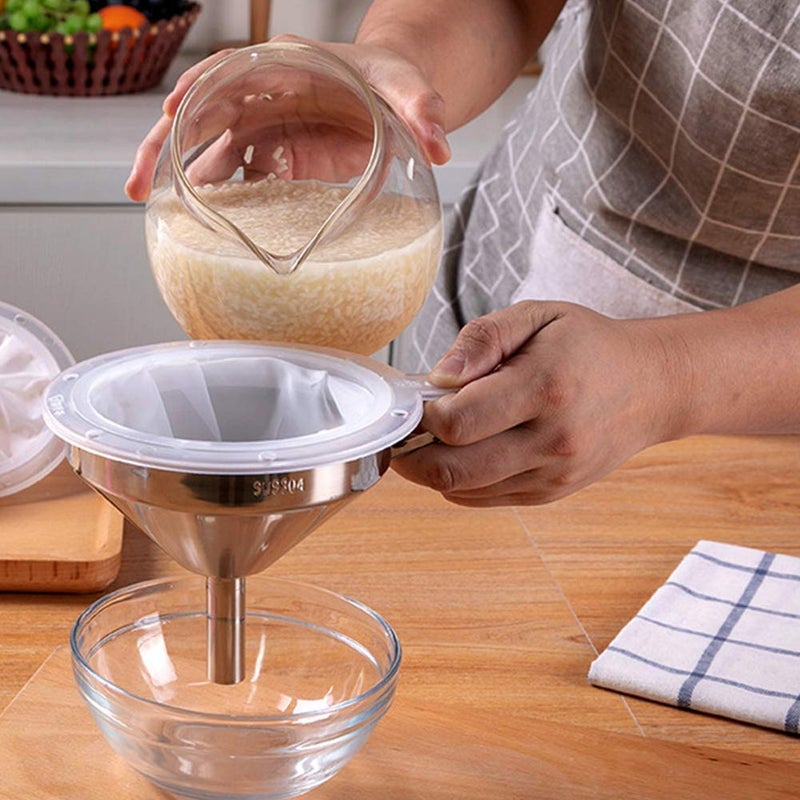 HONUTIGE Stainless Steel Funnel with Fine Mesh Strainer, Metal Hopper with Handle, Kitchen Strainer Funnel Food Filter Jam Straining Set for Transfer of Liquid Ingredients/Wine/Liquor/Enzymes - Image 2