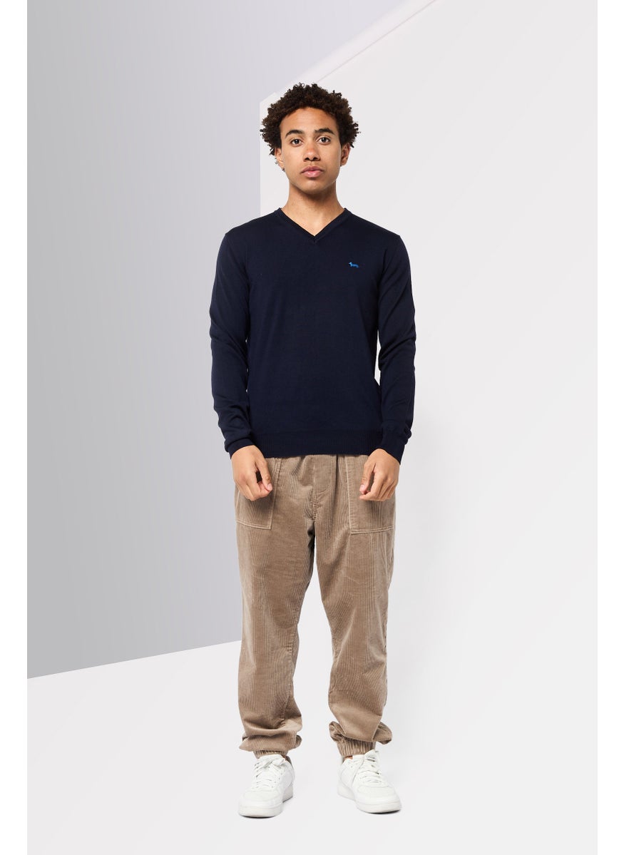 Harmont & Blaine Men V-Neck Long Sleeves Embroidered Logo Sweater, Navy  - Image 3
