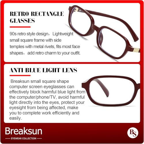 Breaksun Retro Rectangle Glasses for Women Men Small Square Blue Light Blocking Glasses Vintage Eyeglasses (Dark Red) - Image 4