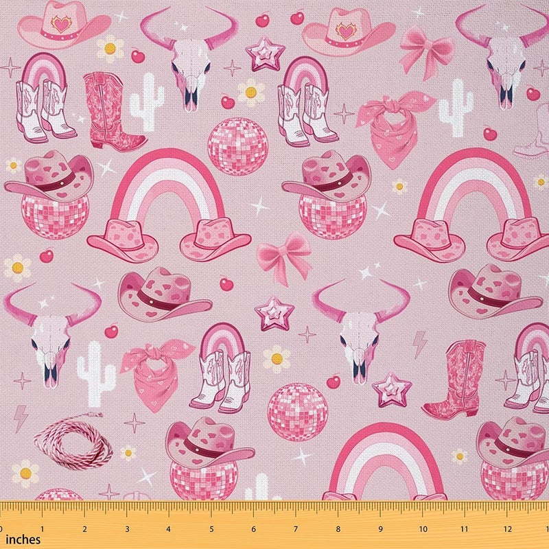 Erosebridal Pink Cowgirl Fabric By The Yard,Cowgirl Hats Boots Upholstery Fabric for Chairs Sofa,Kawaii Bows Decorative Fabrics,Rustic Cactus Bull Skull Indoor Outdoor Decor,1 Yard - Image 1