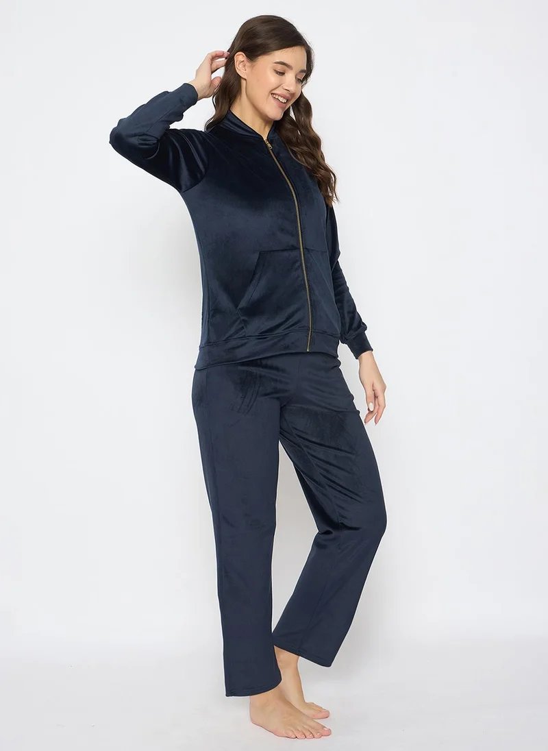 Clovia Blue Clovia Chic Basic Jacket & Pyjama Set in Navy - Velour for Women | Best Price UAE
