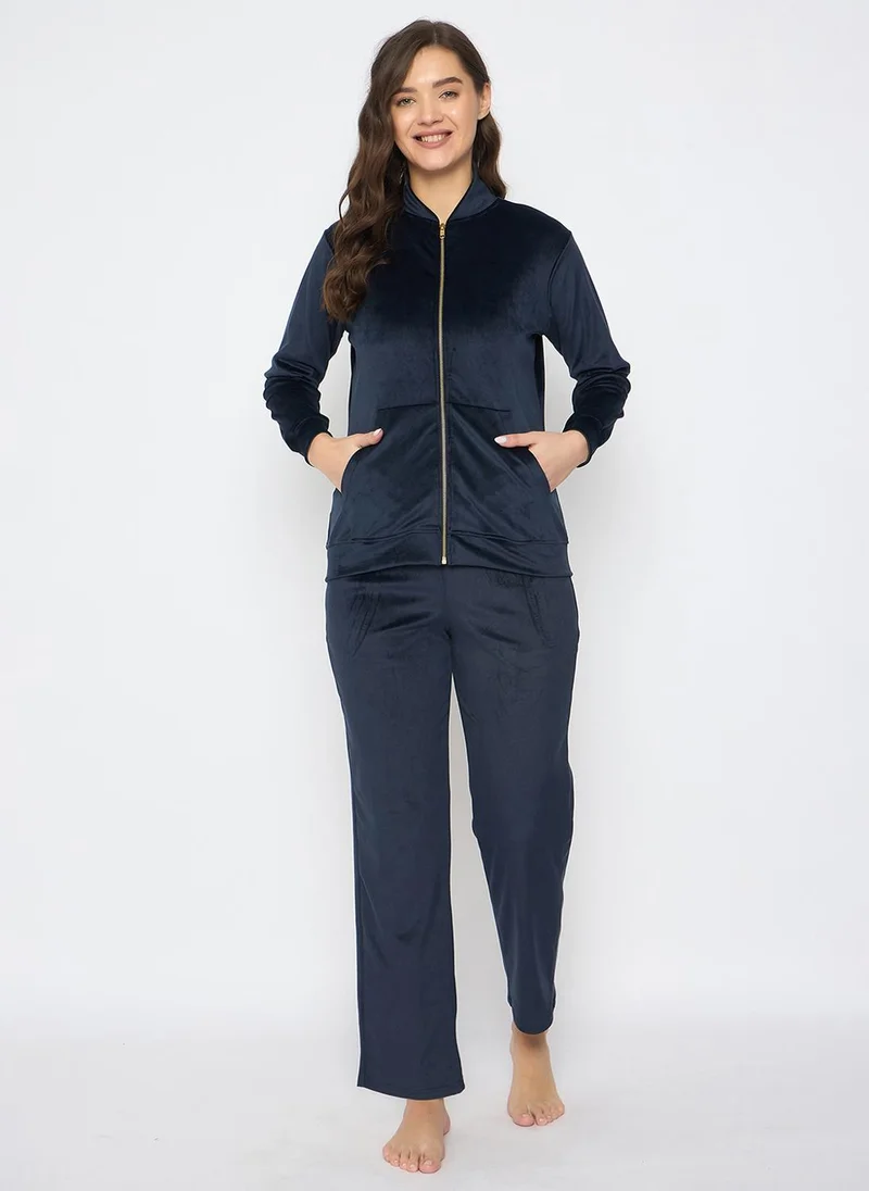 كلوفيا Clovia Chic Basic Jacket & Pyjama Set in Navy - Velour