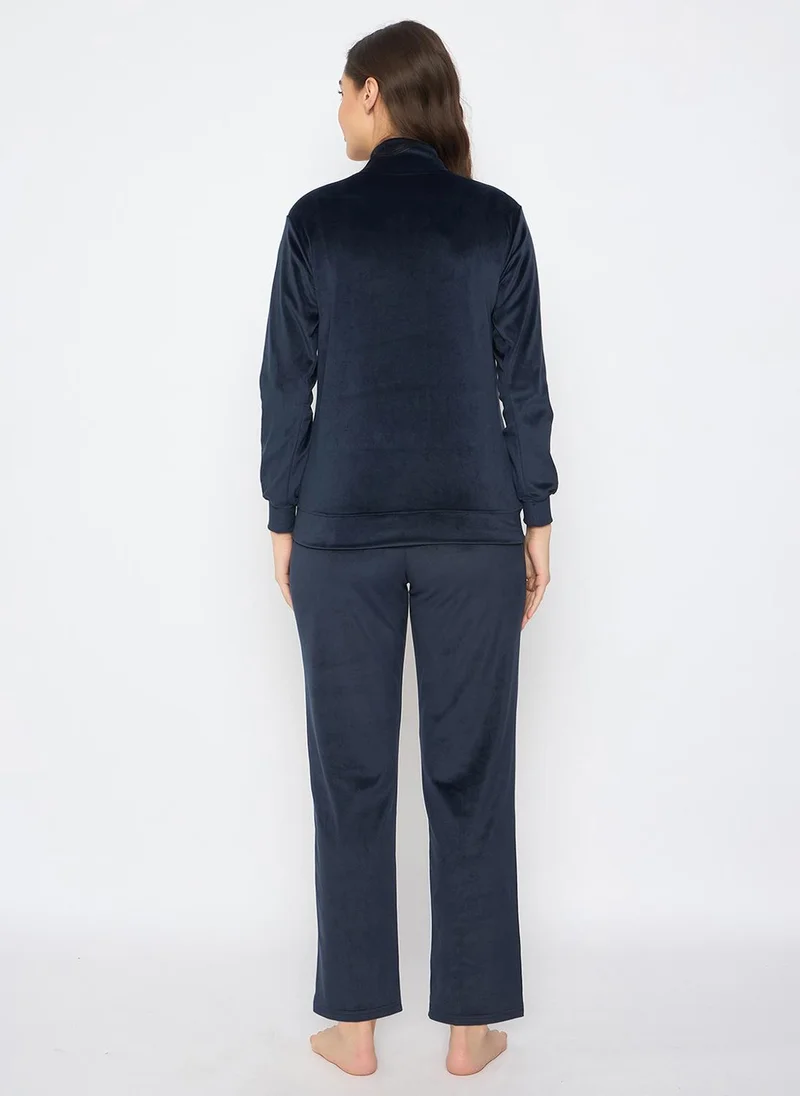 Clovia Blue Clovia Chic Basic Jacket & Pyjama Set in Navy - Velour for Women | Best Price UAE