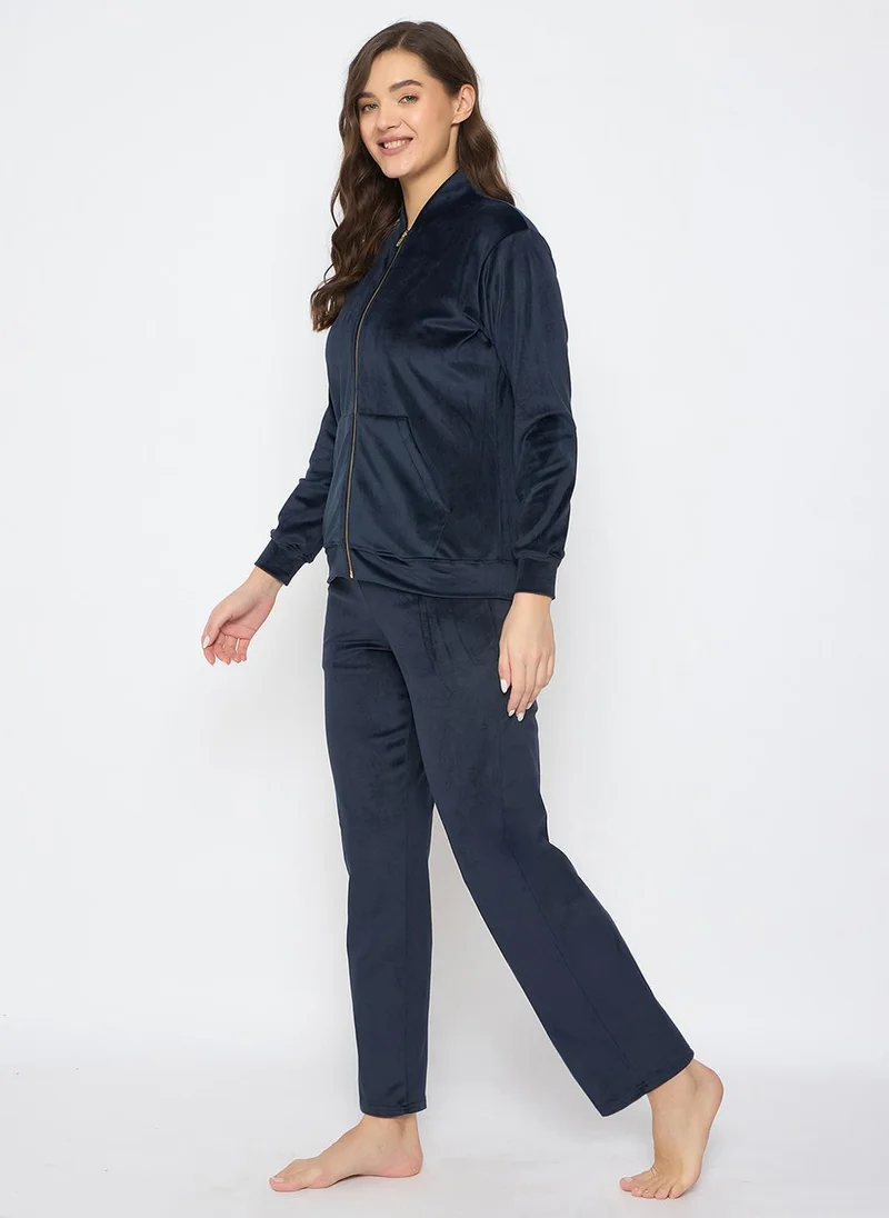 Clovia Blue Clovia Chic Basic Jacket & Pyjama Set in Navy - Velour for Women | Best Price UAE