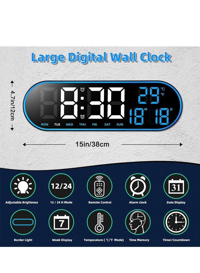PADOM ساعة حائط رقمية من بادوم، شاشة كبيرة، ساعة منبه رقمية مقاس 15 بوصة، ساعة رقمية LED مع جهاز تحكم عن بعد، سطوع قابل للتعديل، ساعة تنازلية كبيرة مع التاريخ والأسبوع ودرجة الحرارة ومصدر طاقة سلكي  - Image 2