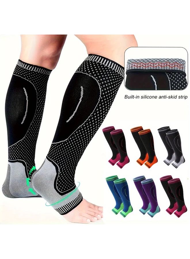 Orange Black Compression Ankle Calf Sleeve L Size Anti Slip Support For Running Exercise - Image 2