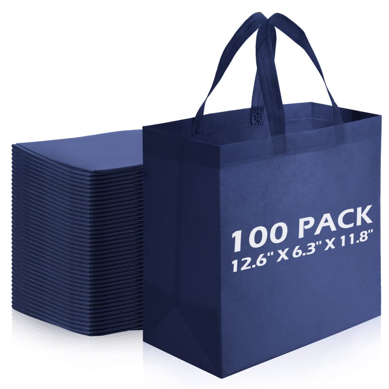 Reginary Reusable Totes Bags  100 Pcs Non Woven Grocery Handle Bags for Shop Events  Retail StoreNavy Blue