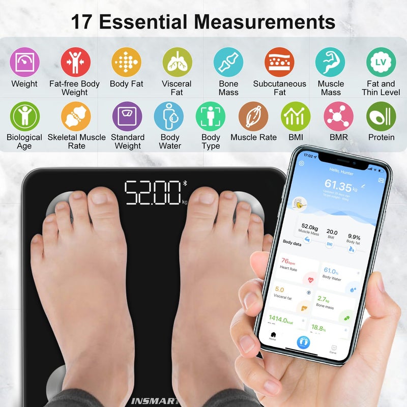 INSMART Bluetooth Body Fat Scales INSMART Smart Digital Bathroom Weight Weighing Scales for Body Composition Analyzer with Smart APP Body Composition Fitbit Scales for Fitness STLBKG - Image 2