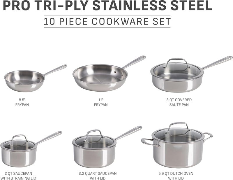 T-fal Tefal Pro Tri-Ply Stainless Steel Cookware Set 10 Piece, Induction Compatible Oven Safe 500F, Lids 350F, Fast & Even Heat, Professional Quality & Durability, Pots and Pans Set, Dishwasher Safe, Silver - Image 2