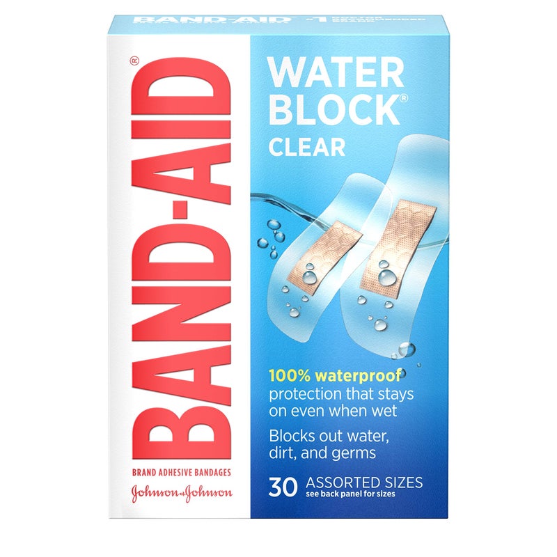 Band-Aid لصقات باند-أيد ماركة مقاومة للماء شفافة معقمة لاصقة للعناية بالجروح في حالات الطوارئ للقطع والخدوش الطفيفة، أحجام متنوعة، 30 قطعة - Image 1