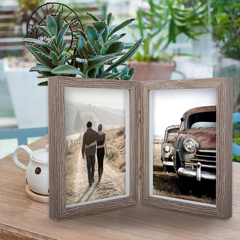 إكسفور إطار صورة 5×7، إطار صور خشبي متعدد المفصلات مع زجاج أكريليك عالي الوضوح، مجموعة إطارات صور متعددة، ديكور عرض على الطاولة أو الحائط للمنزل والمكتب (خشب رمادي بمفصلتين، 5×7) - Image 3