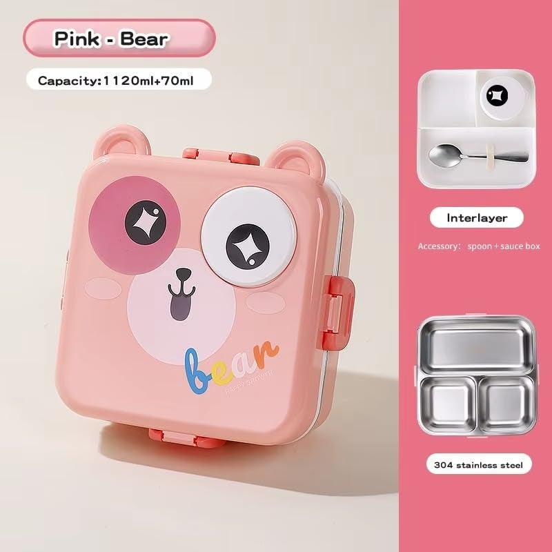 Wosta Lunch Box, Cartoon Lunch Box with Leak Proof Lid and Reusable Steel Spoon & Sauce Containers Ideal for Men, Women’s and Kids School, Office and Travel. (Pink - Bear Design) - Image 2