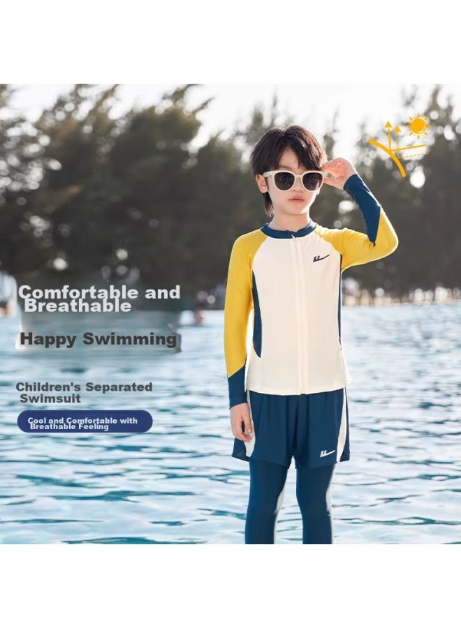 Pull Back Huili Children's Swimwear, Boys' Two-piece Long-sleeve Swimsuit, Swimming Trunks, For Older Boys, Four-piece Set, 34126 Yellow, XL - Image 3