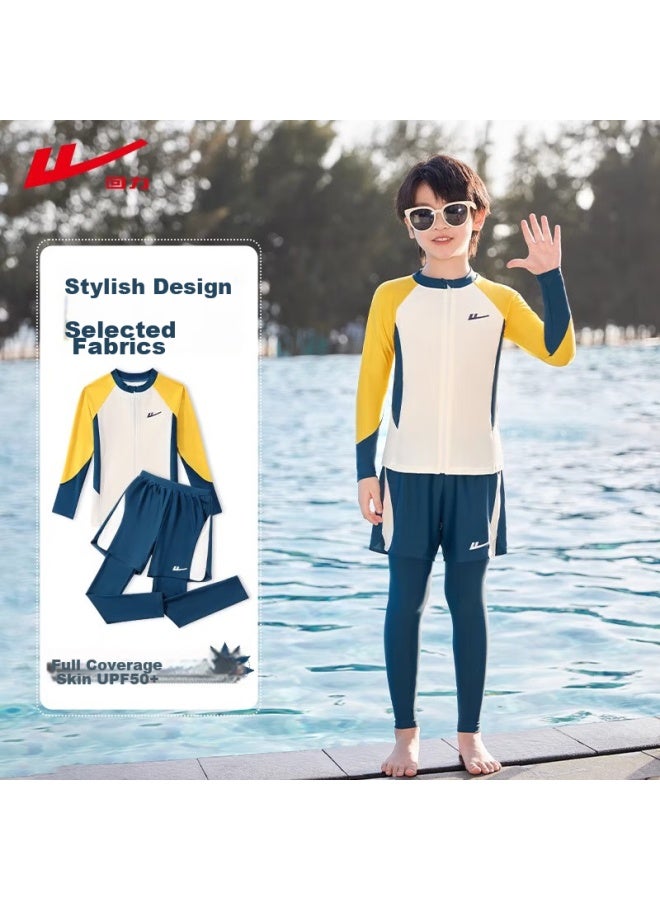 Pull Back Huili Children's Swimwear, Boys' Two-piece Long-sleeve Swimsuit, Swimming Trunks, For Older Boys, Four-piece Set, 34126 Yellow, XL - Image 2