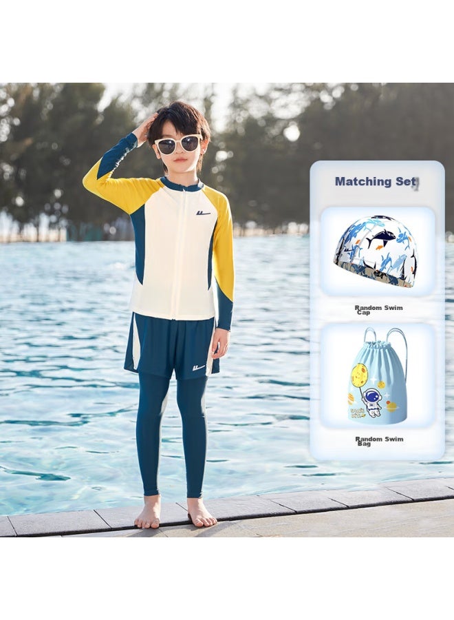 Pull Back Huili Children's Swimwear, Boys' Two-piece Long-sleeve Swimsuit, Swimming Trunks, For Older Boys, Four-piece Set, 34126 Yellow, XL - Image 1