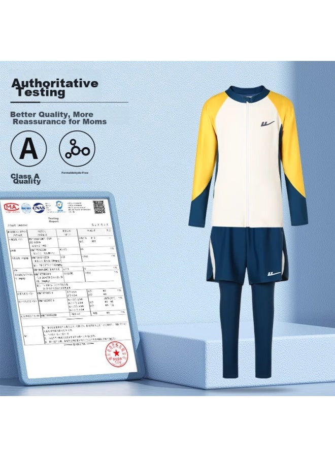 Pull Back Huili Children's Swimwear, Boys' Two-piece Long-sleeve Swimsuit, Swimming Trunks, For Older Boys, Four-piece Set, 34126 Yellow, XL - Image 4