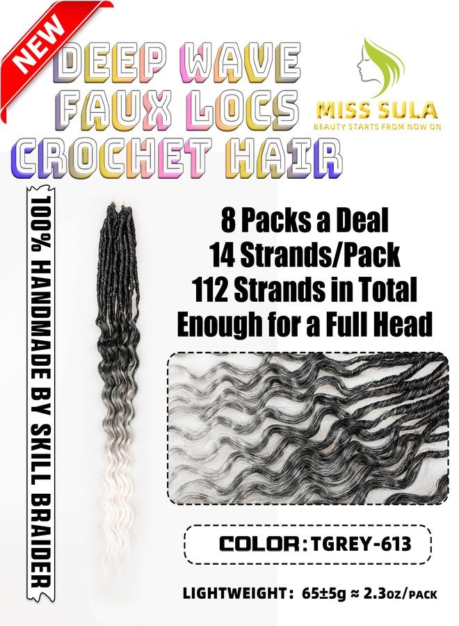 Miss Sula Faux Locs Crochet Hair for Black Women- 24 Inches 8 Packs Pre Looped Ombre Grey to White Synthetic Hair Extensions, Soft Goddess Locs Braids with Long Deep Wave Curly Ends(112 Strands,Tgrey/613) - Image 2