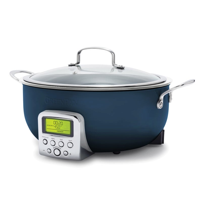 GreenPan Elite Essential Smart Electric 6QT Skillet Pot Presets to Sear Saute StirFry and Cook Rice Healthy Ceramic Nonstick and Dishwasher Safe Parts Easytouse LED Display Oxford Blue