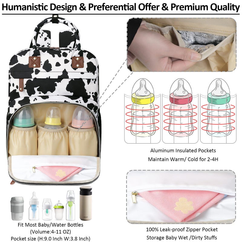 Tenot Large Capacity Baby Diaper Bag Backpack with Insulated Pockets, Waterproof, Stylish Cow Print Design, Suitable for Boys and Girls - Image 2