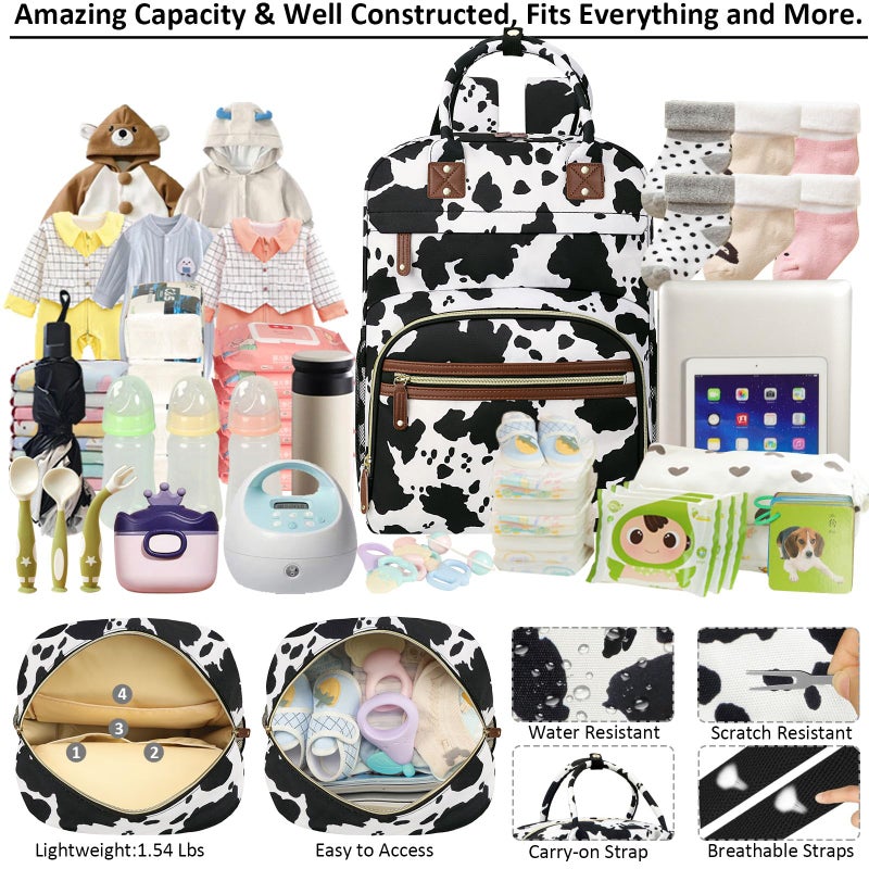 Tenot Large Capacity Baby Diaper Bag Backpack with Insulated Pockets, Waterproof, Stylish Cow Print Design, Suitable for Boys and Girls - Image 3